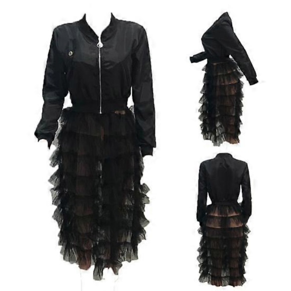 Zip up Long Bomber Jacket Tiered Mesh Black Tulle Layered Dress - Picture 3 of 10